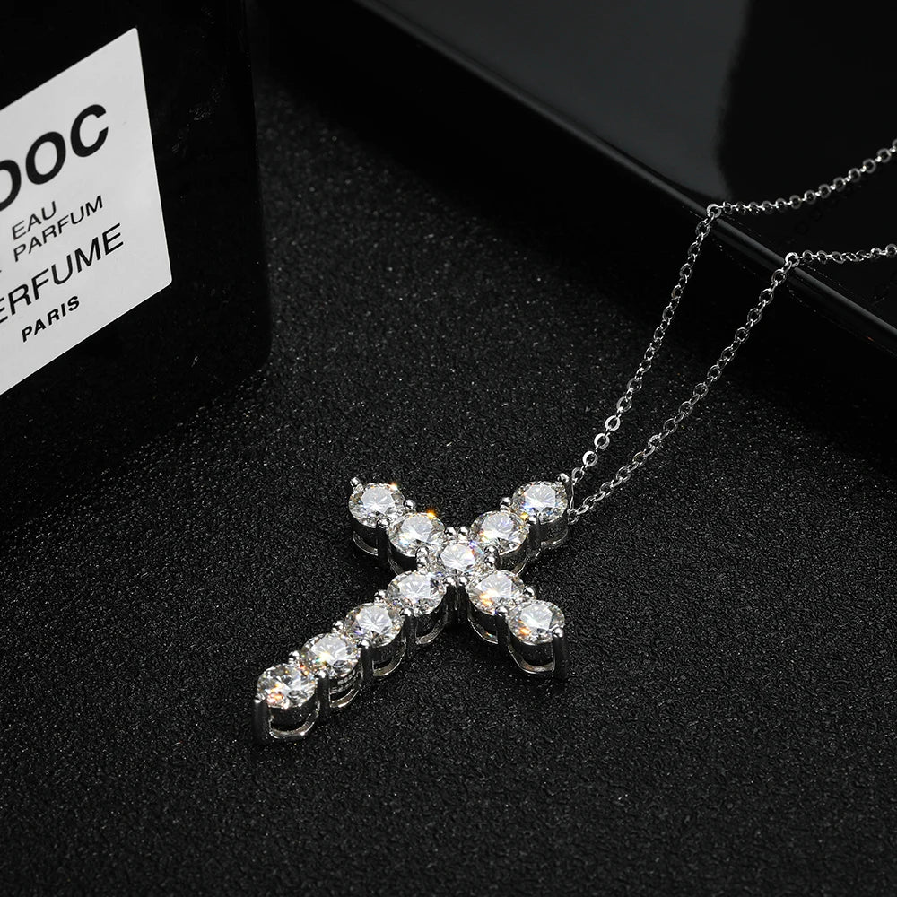 Full Moissanite Cross Pendant Necklace - Original 925 Sterling Sliver Chain -  Fine Plated 18K White Gold - Lavishic