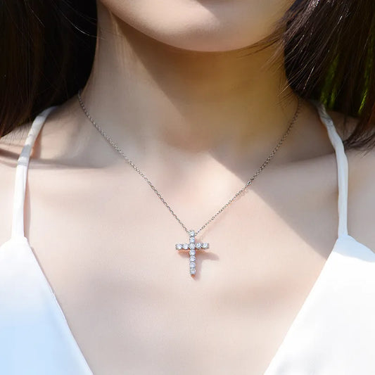 Full Moissanite Cross Pendant Necklace - Original 925 Sterling Sliver Chain -  Fine Plated 18K White Gold - Lavishic