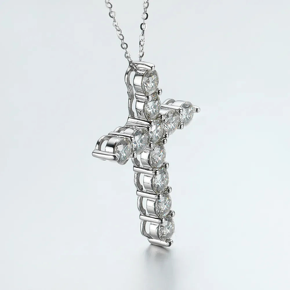 Full Moissanite Cross Pendant Necklace - Original 925 Sterling Sliver Chain -  Fine Plated 18K White Gold - Lavishic