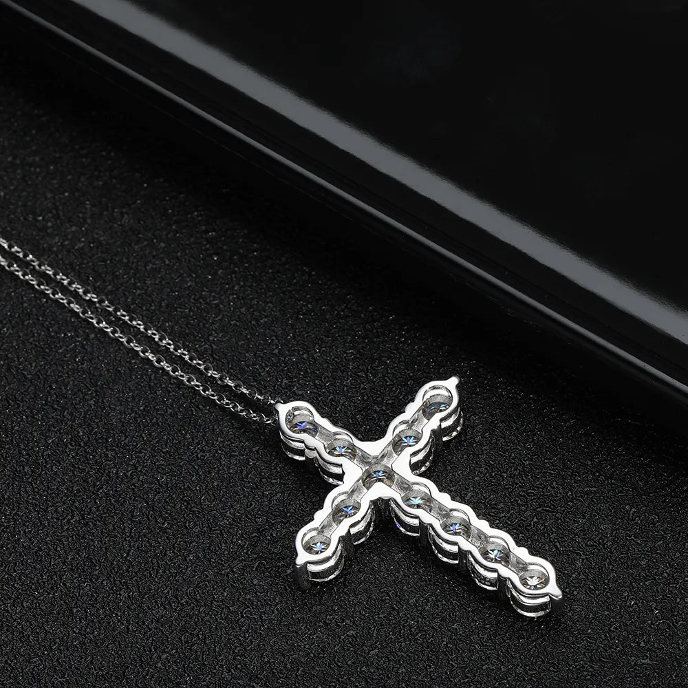 Full Moissanite Cross Pendant Necklace - Original 925 Sterling Sliver Chain -  Fine Plated 18K White Gold - Lavishic